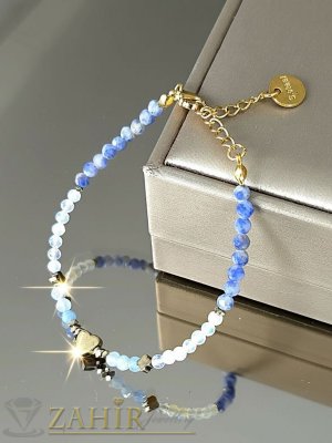 Романтична гривна за ръка или глезен от естествен лунен камък, аквамарин и лазурит 3 мм топче, сърце от хематит и стоманени елементи, закопчалка и удължител - GA3224